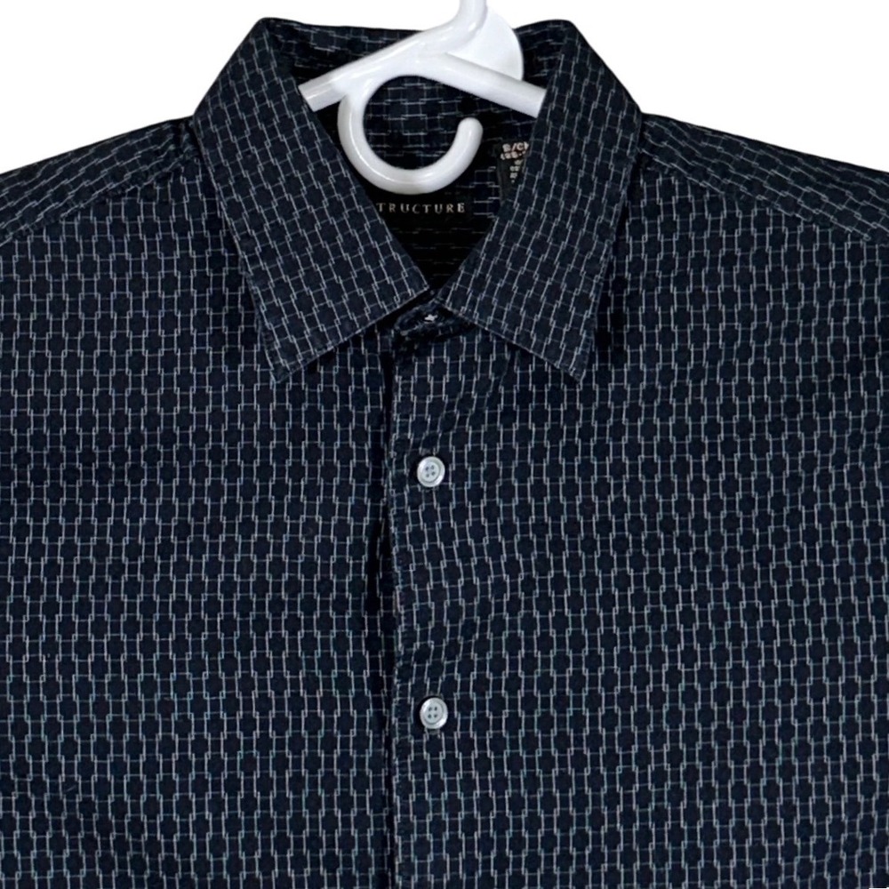 Structure Mens Long‎ Sleeve Button Down Shirt Black Geometric Grid Cotton Small